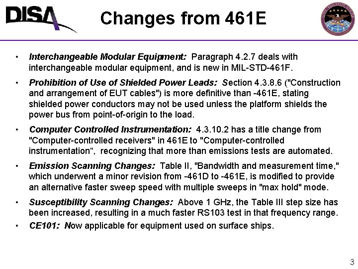 Changes from 461 E • Interchangeable Modular Equipment: Paragraph 4. 2. 7 deals with