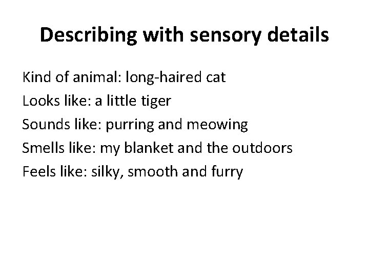 Describing with sensory details Kind of animal: long-haired cat Looks like: a little tiger