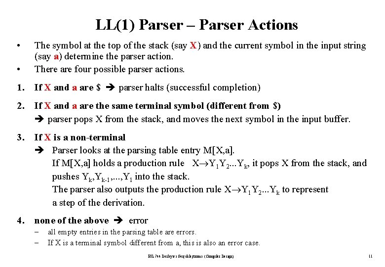 LL(1) Parser – Parser Actions • • The symbol at the top of the