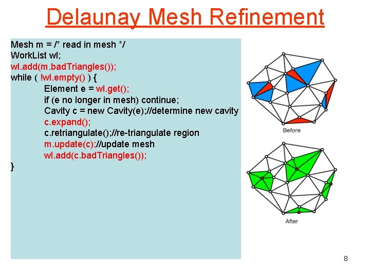 Delaunay Mesh Refinement Mesh m = /* read in meshto*/remove badly • Iterative refinement