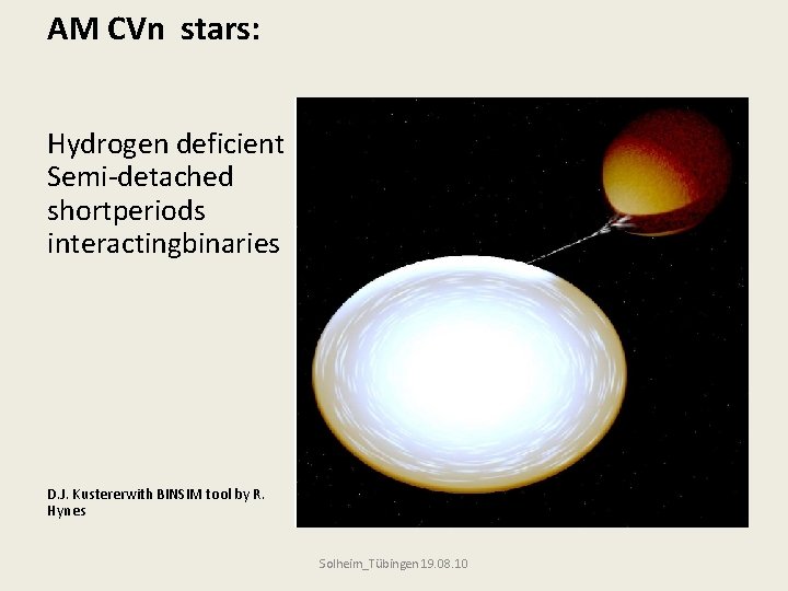 AM CVn stars: Hydrogen deficient Semi-detached shortperiods interactingbinaries D. J. Kustererwith BINSIM tool by