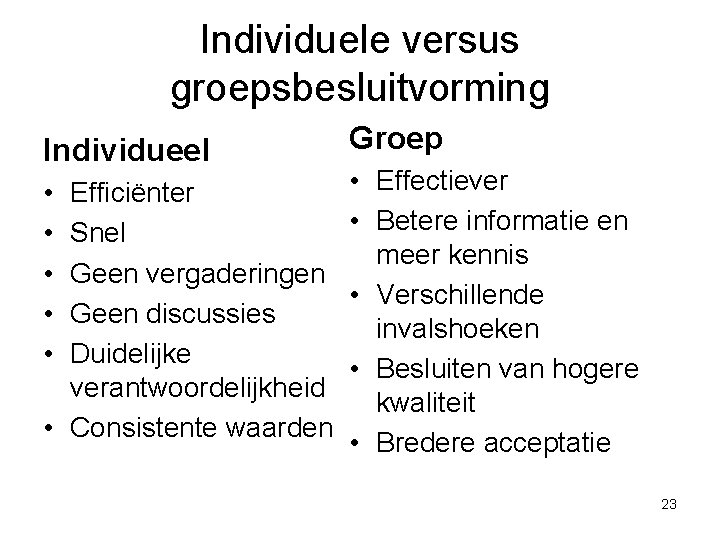 Individuele versus groepsbesluitvorming Individueel • • • Efficiënter Snel Geen vergaderingen Geen discussies Duidelijke