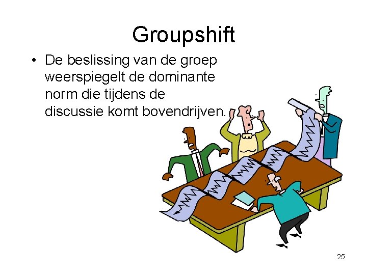 Groupshift • De beslissing van de groep weerspiegelt de dominante norm die tijdens de