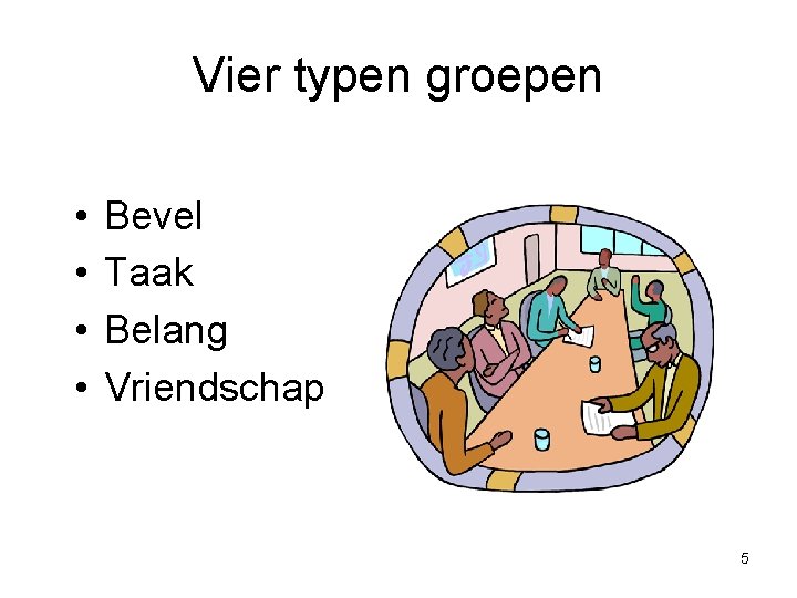 Vier typen groepen • • Bevel Taak Belang Vriendschap 5 