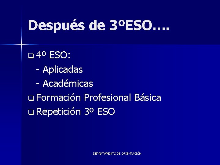 Después de 3ºESO…. q 4º ESO: - Aplicadas - Académicas q Formación Profesional Básica