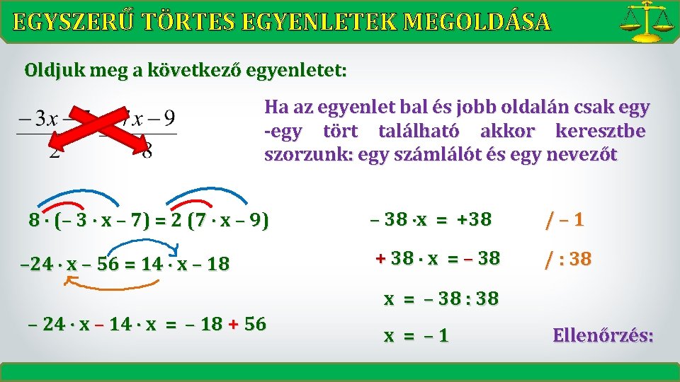 EGYSZERŰ TÖRTES EGYENLETEK MEGOLDÁSA Oldjuk meg a következő egyenletet: Ha az egyenlet bal és