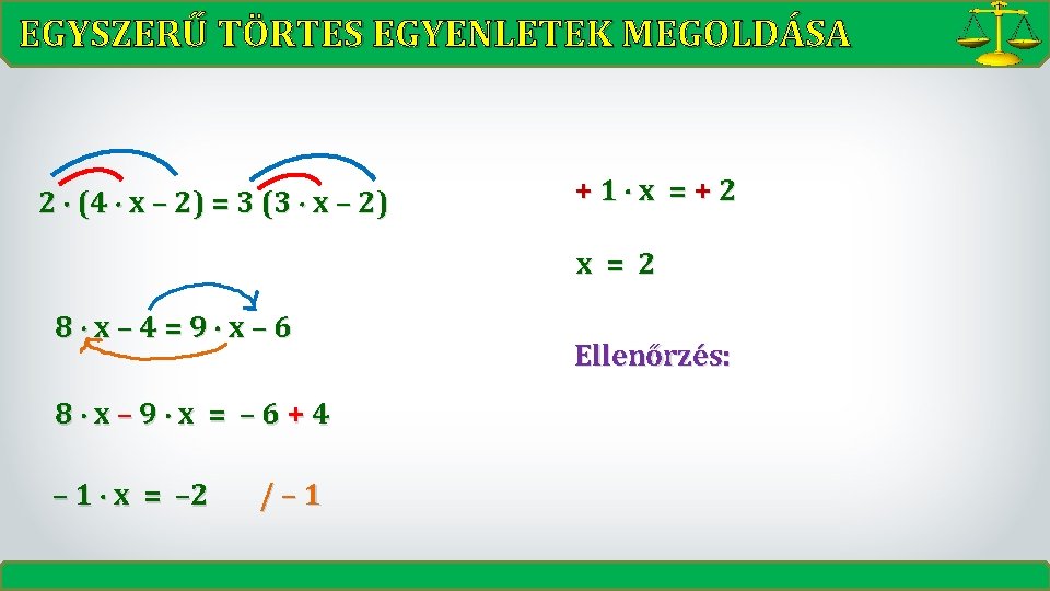 EGYSZERŰ TÖRTES EGYENLETEK MEGOLDÁSA 2 (4 x – 2) = 3 (3 x –