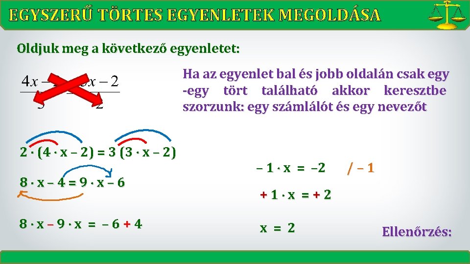 EGYSZERŰ TÖRTES EGYENLETEK MEGOLDÁSA Oldjuk meg a következő egyenletet: Ha az egyenlet bal és