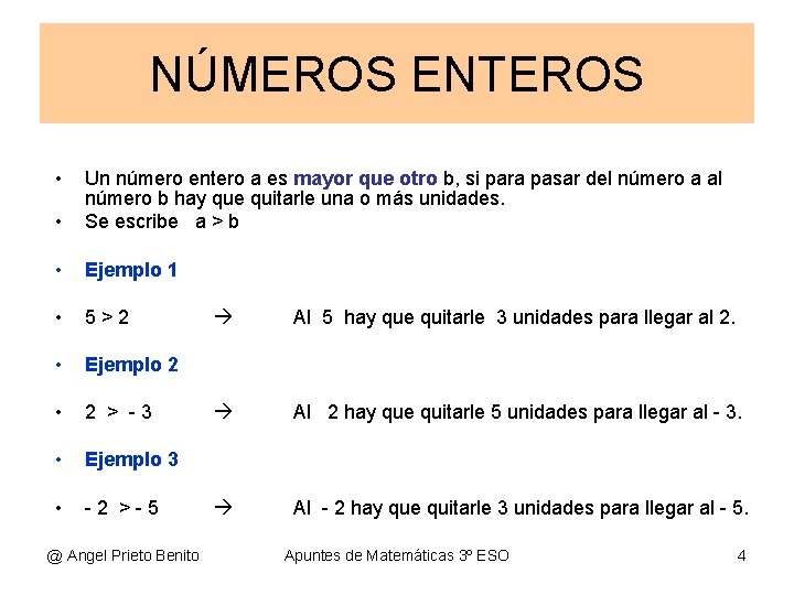 NÚMEROS ENTEROS • • Un número entero a es mayor que otro b, si