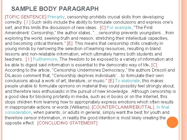 SAMPLE BODY PARAGRAPH [TOPIC SENTENCE] Primarily, censorship prohibits crucial skills from developing correctly. [