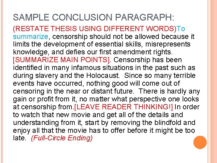 SAMPLE CONCLUSION PARAGRAPH: (RESTATE THESIS USING DIFFERENT WORDS)To summarize, censorship should not be allowed