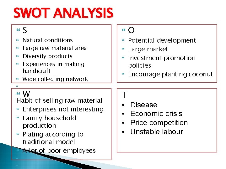 SWOT ANALYSIS S Natural conditions Large raw material area Diversify products Experiences in making SWOT ANALYSIS S Natural conditions Large raw material area Diversify products Experiences in making