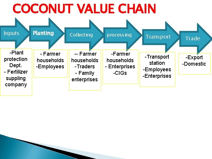 COCONUT VALUE CHAIN Inputs -Plant protection Dept. - Fertilizer suppling company Planting - Farmer COCONUT VALUE CHAIN Inputs -Plant protection Dept. - Fertilizer suppling company Planting - Farmer