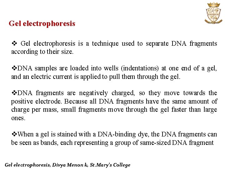 Gel electrophoresis v Gel electrophoresis is a technique used to separate DNA fragments according