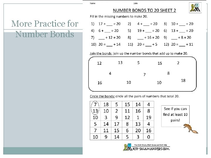 More Practice for Number Bonds 