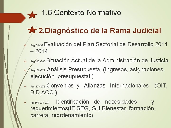 1. 6. Contexto Normativo 2. Diagnóstico de la Rama Judicial Evaluación del Plan Sectorial