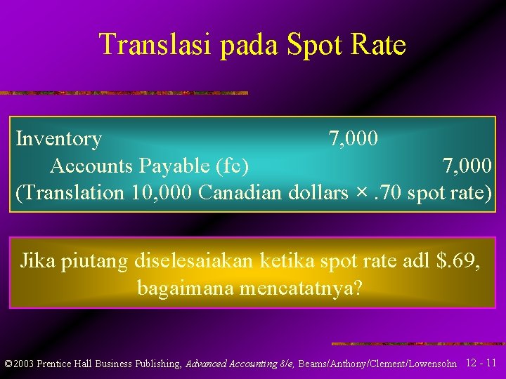 Translasi pada Spot Rate Inventory 7, 000 Accounts Payable (fc) 7, 000 (Translation 10,