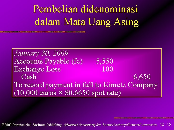 Pembelian didenominasi dalam Mata Uang Asing January 30, 2009 Accounts Payable (fc) 5, 550