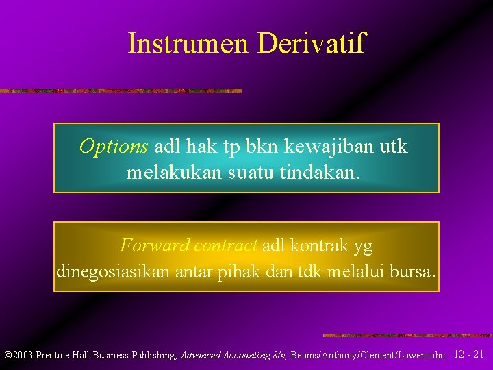 Instrumen Derivatif Options adl hak tp bkn kewajiban utk melakukan suatu tindakan. Forward contract