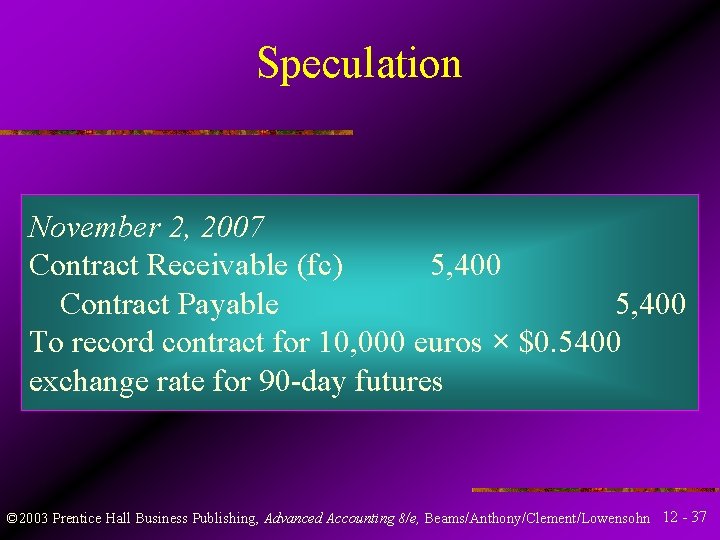 Speculation November 2, 2007 Contract Receivable (fc) 5, 400 Contract Payable 5, 400 To