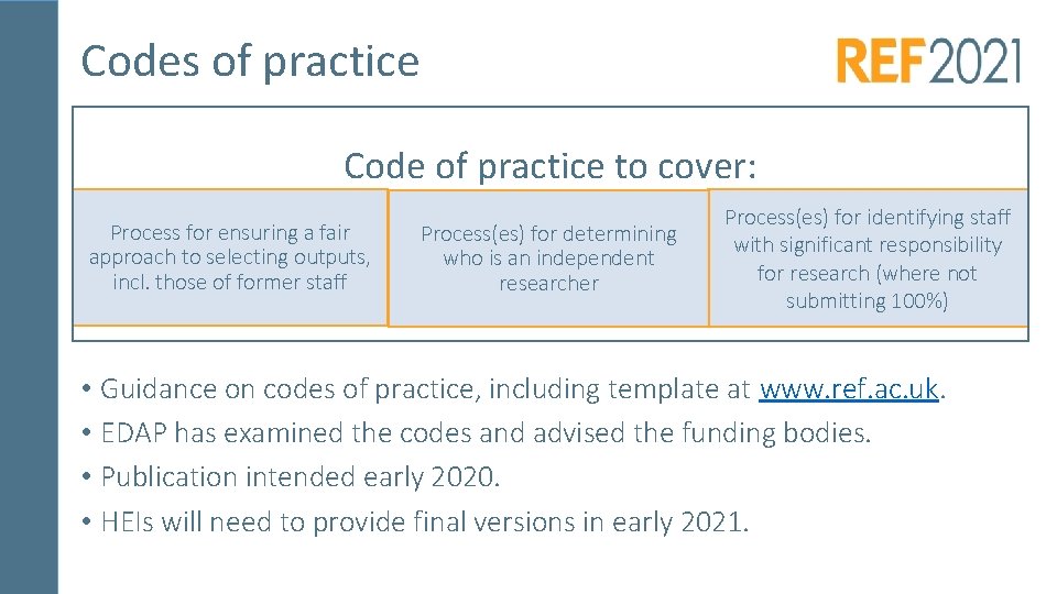 Codes of practice Code of practice to cover: Process for ensuring a fair approach