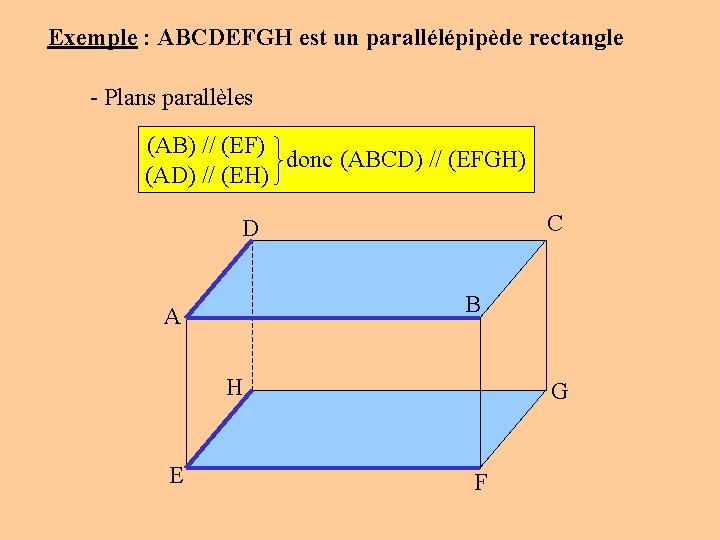 Exemple : ABCDEFGH est un parallélépipède rectangle - Plans parallèles (AB) // (EF) donc