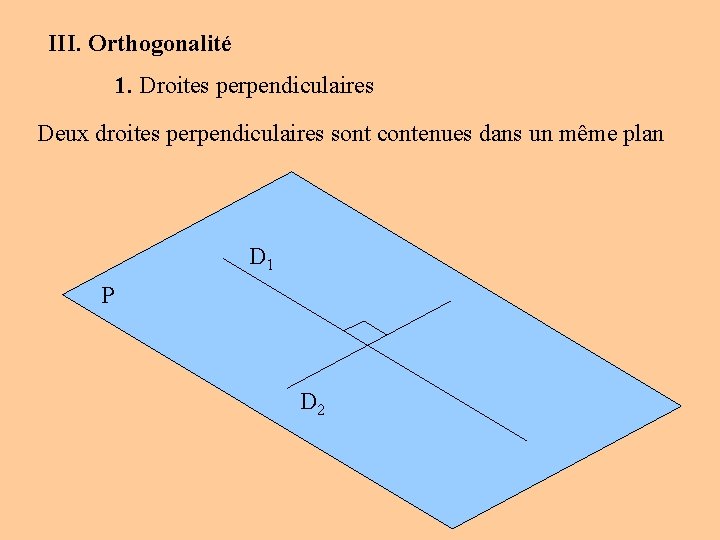 III. Orthogonalité 1. Droites perpendiculaires Deux droites perpendiculaires sont contenues dans un même plan