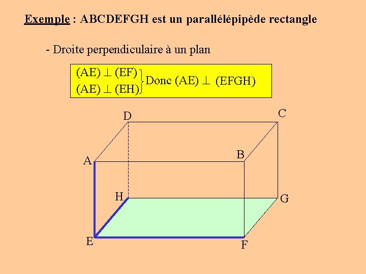 Exemple : ABCDEFGH est un parallélépipède rectangle - Droite perpendiculaire à un plan (AE)
