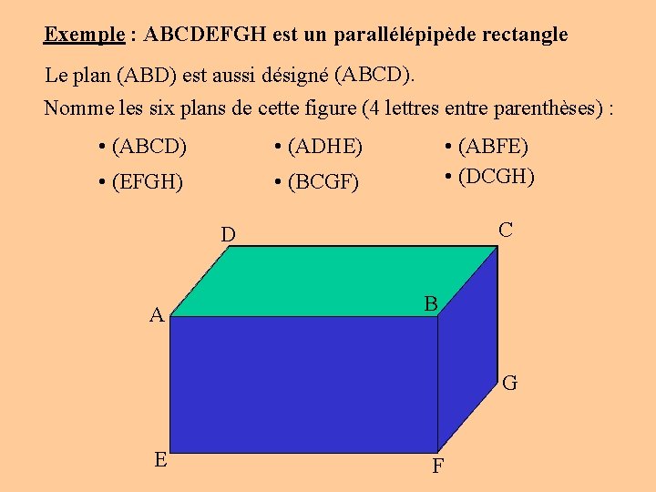 Exemple : ABCDEFGH est un parallélépipède rectangle Le plan (ABD) est aussi désigné (ABCD).