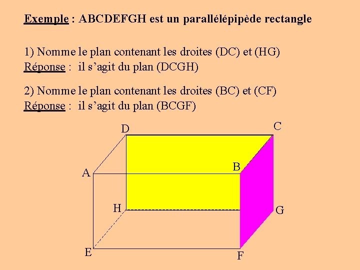 Exemple : ABCDEFGH est un parallélépipède rectangle 1) Nomme le plan contenant les droites