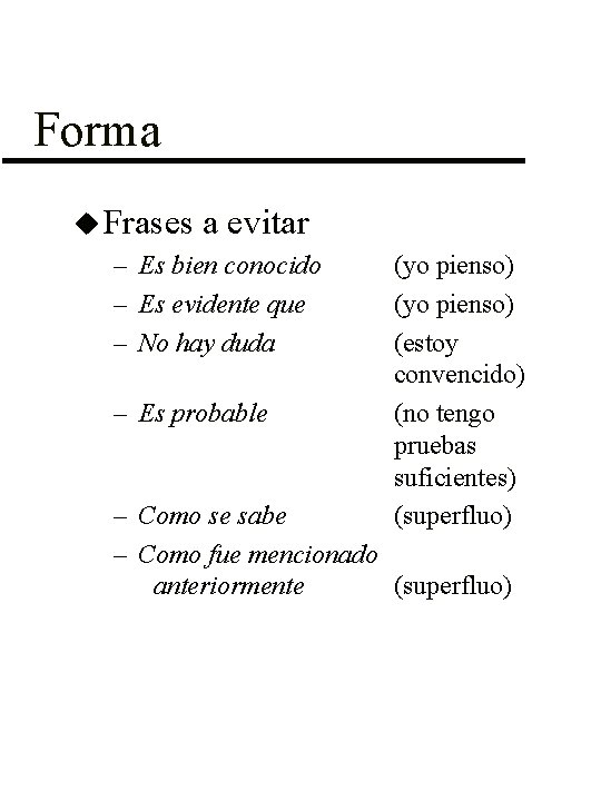 Forma u Frases a evitar – Es bien conocido – Es evidente que –