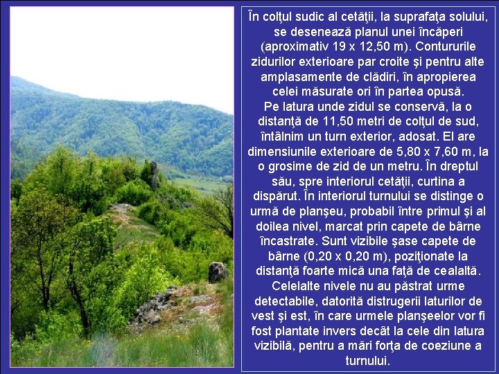 În colţul sudic al cetăţii, la suprafaţa solului, se desenează planul unei încăperi (aproximativ