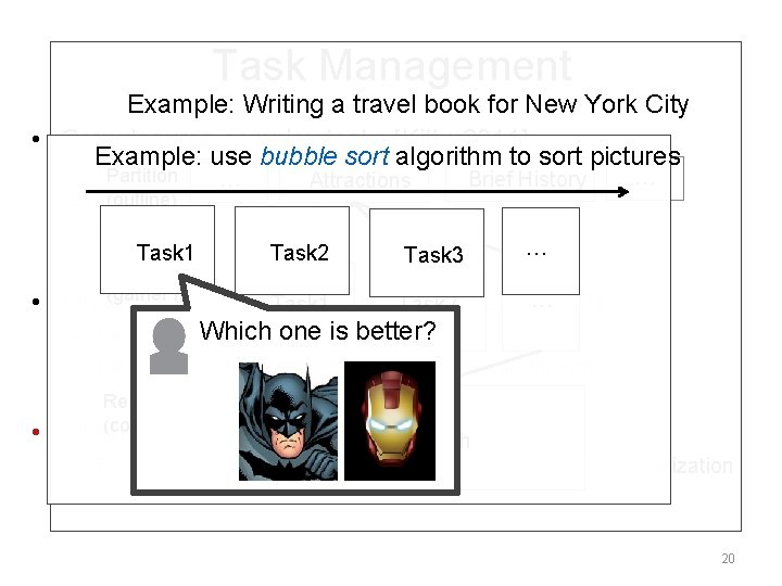 Task Management Example: Writing a travel book for New York City • Crowdsource complex