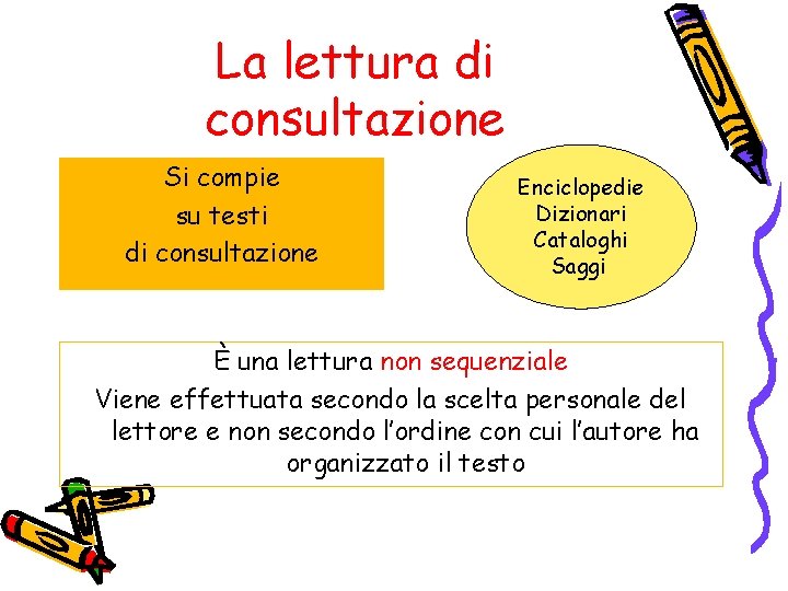 La lettura di consultazione Si compie su testi di consultazione Enciclopedie Dizionari Cataloghi Saggi