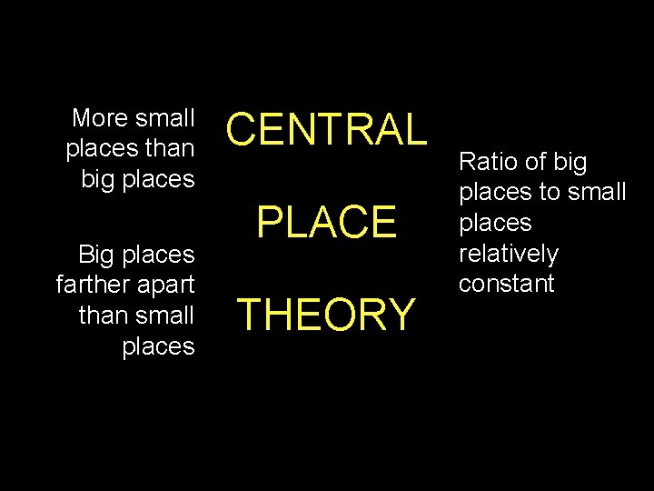 More small places than big places Big places farther apart than small places CENTRAL More small places than big places Big places farther apart than small places CENTRAL