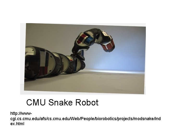 CMU Snake Robot http: //wwwcgi. cs. cmu. edu/afs/cs. cmu. edu/Web/People/biorobotics/projects/modsnake/ind ex. html 