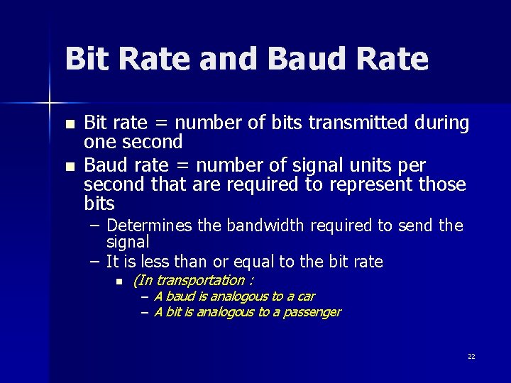 Bit Rate and Baud Rate n n Bit rate = number of bits transmitted