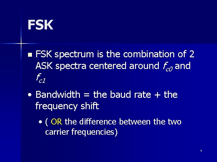 FSK n FSK spectrum is the combination of 2 ASK spectra centered around fc