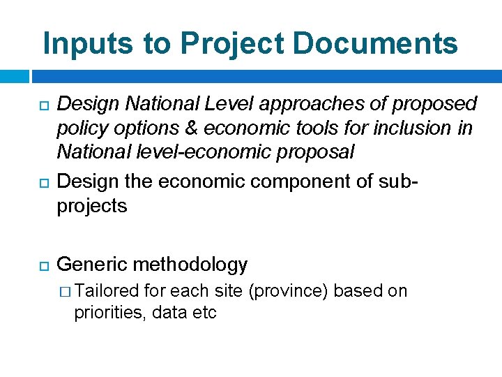 Inputs to Project Documents Design National Level approaches of proposed policy options & economic