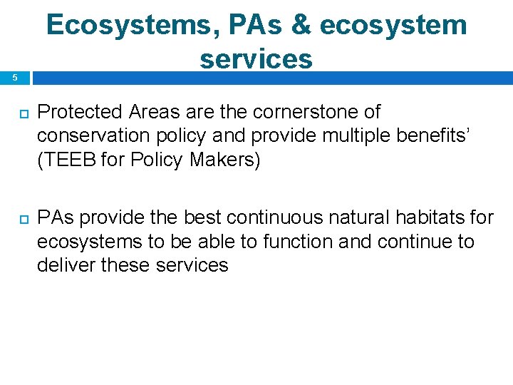 Ecosystems, PAs & ecosystem services 5 Protected Areas are the cornerstone of conservation policy