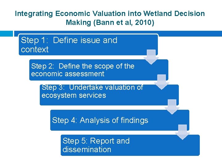 Integrating Economic Valuation into Wetland Decision Making (Bann et al, 2010) Step 1: Define