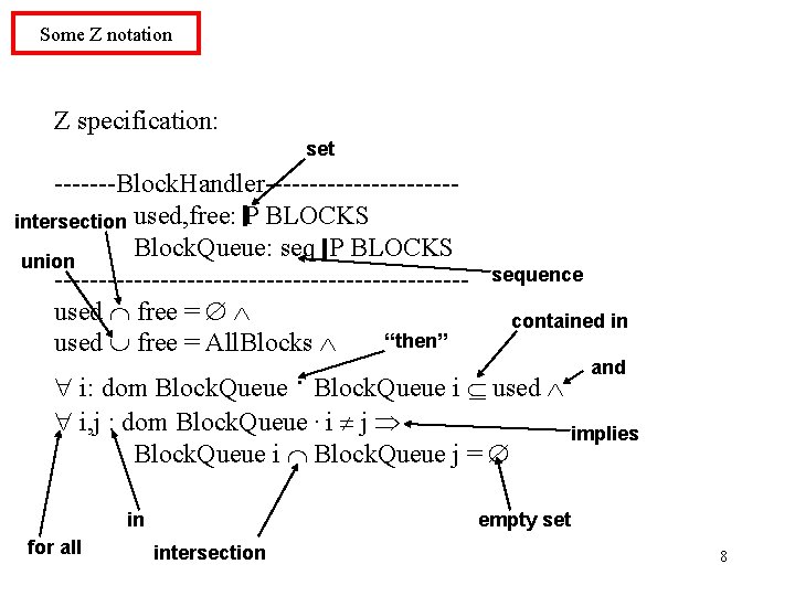 Some Z notation Z specification: set -------Block. Handler-----------intersection used, free: BLOCKS Block. Queue: seq