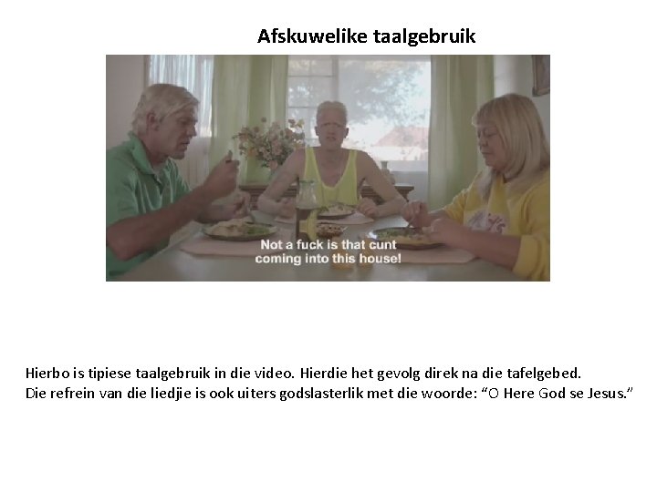 Afskuwelike taalgebruik Hierbo is tipiese taalgebruik in die video. Hierdie het gevolg direk na