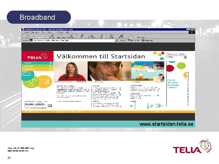Broadband www. startsidan. telia. se Telia, AB, IR, 008 -2001 eng 2001 -05 -09