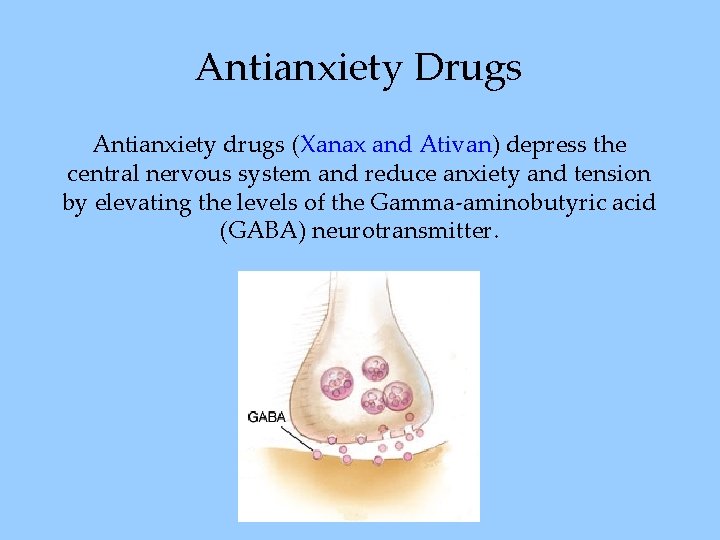 Antianxiety Drugs Antianxiety drugs (Xanax and Ativan) depress the central nervous system and reduce