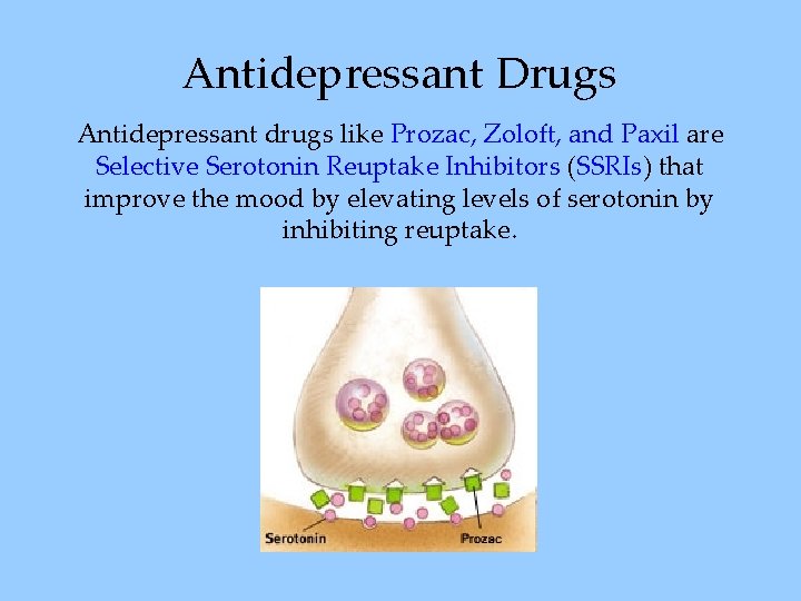 Antidepressant Drugs Antidepressant drugs like Prozac, Zoloft, and Paxil are Selective Serotonin Reuptake Inhibitors