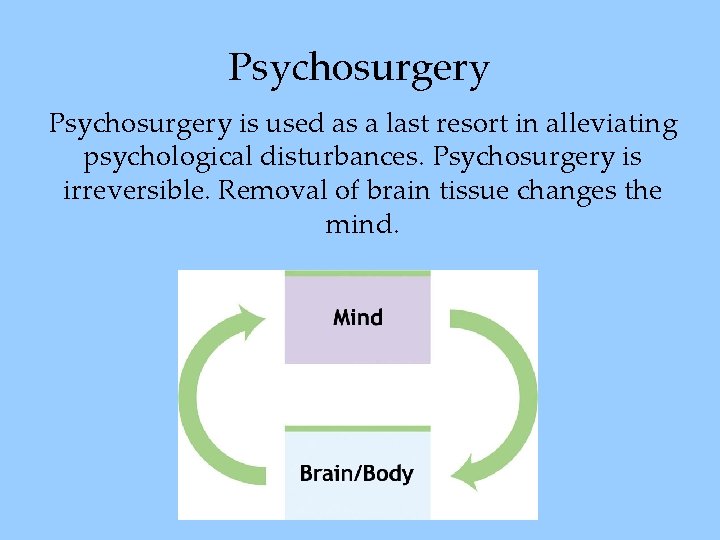 Psychosurgery is used as a last resort in alleviating psychological disturbances. Psychosurgery is irreversible.