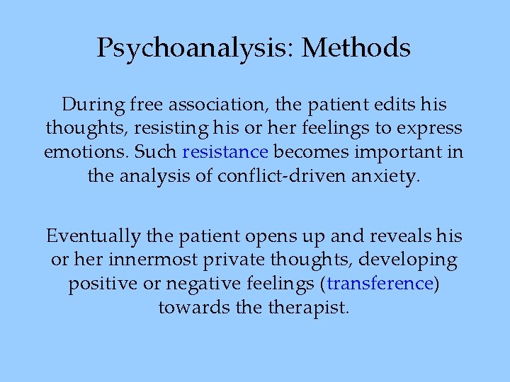 Psychoanalysis: Methods During free association, the patient edits his thoughts, resisting his or her