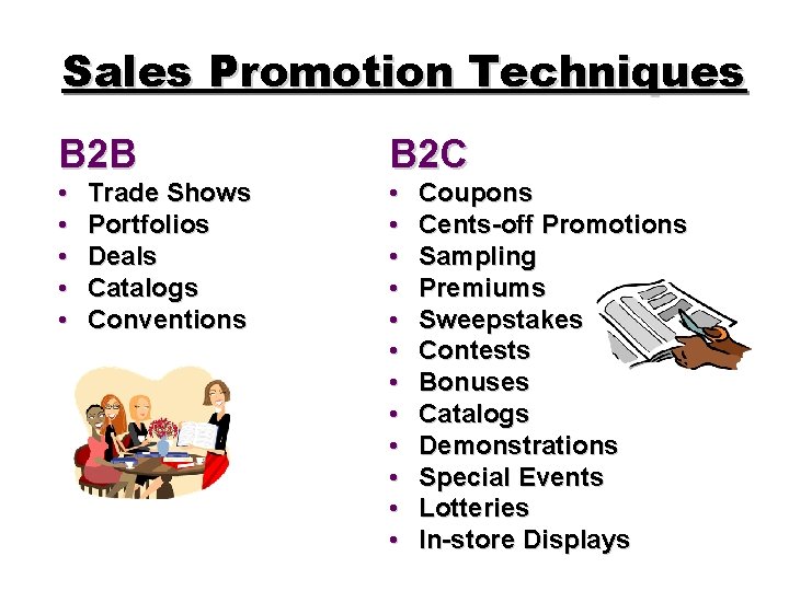 Sales Promotion Techniques B 2 B • • • Trade Shows Portfolios Deals Catalogs