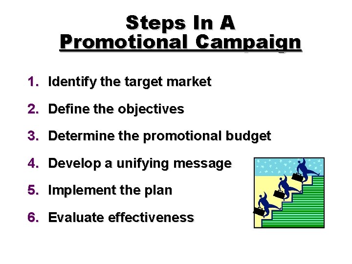 Steps In A Promotional Campaign 1. Identify the target market 2. Define the objectives